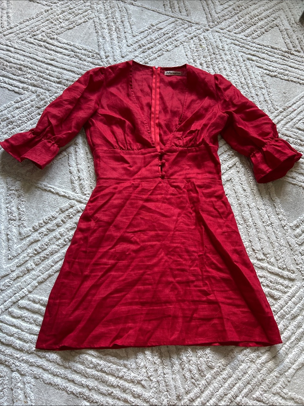 Reformation Red V-Neck Button-Front Women’s linen Dress